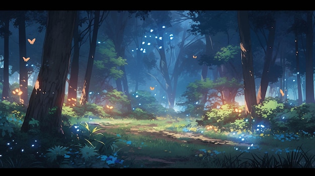 Es gibt ein Gemälde eines Waldes mit einem Weg und vielen Blumen, generative KI
