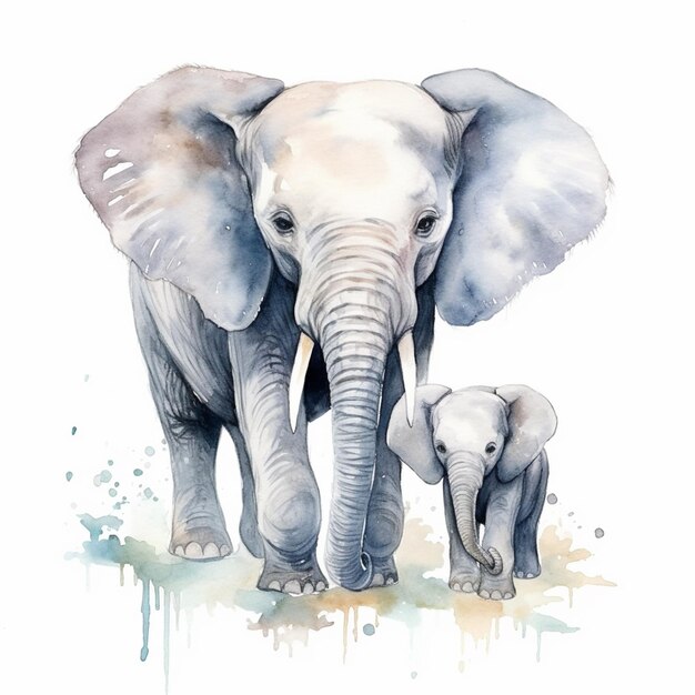 Es gibt ein Gemälde von einem Elefanten und seinem Baby generative ai