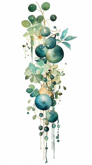 Es gibt ein Gemälde von einem Strauß grüner Pflanzen mit blauen Kugeln, generativer KI