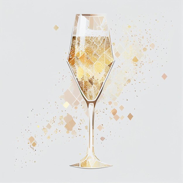 Es gibt ein Glas Champagner mit einem goldenen Muster darauf.