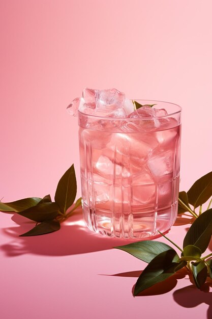 Es gibt ein Glas Eis und ein Blatt auf einem rosa Hintergrund generativ ai