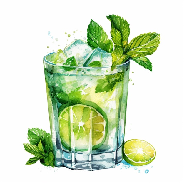 Es gibt ein Glas Mojita mit Limetten- und Minzblättern