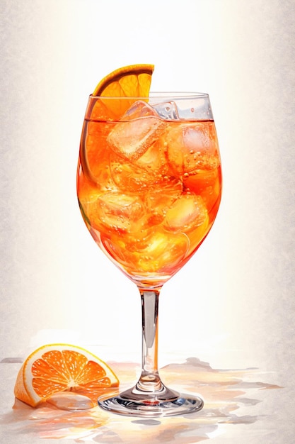 Es gibt ein Glas Orangensaft mit einer Scheibe Orangensaft