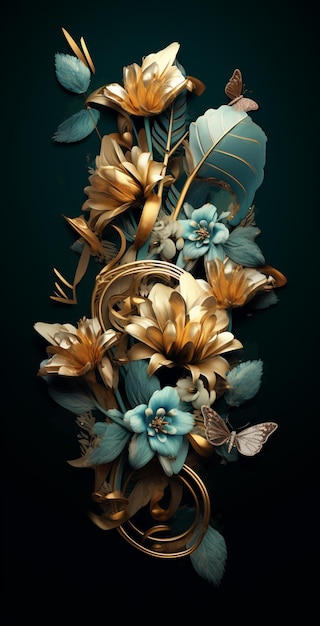 Es gibt ein goldenes und blaues Blumenarrangement mit generativen Schmetterlingen