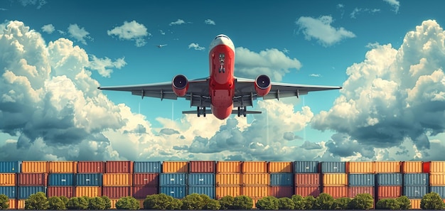 Es gibt ein großes Flugzeug, das über einem Containerhof fliegt.