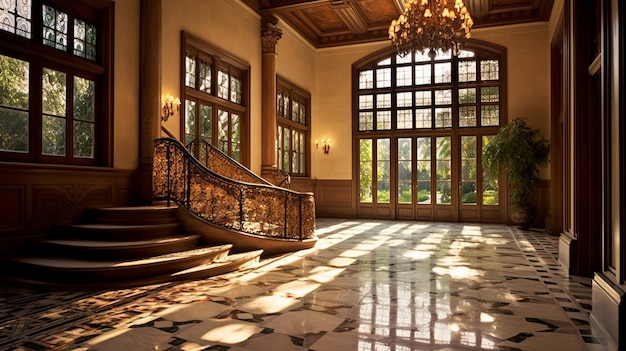 Es gibt ein großes Foyer mit einem Kronleuchter und einer Treppe.