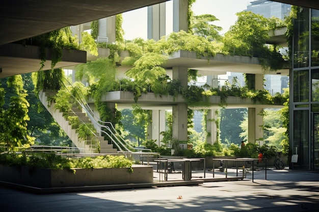 Es gibt ein großes Gebäude mit vielen Pflanzen, die an den Wänden wachsen, generative KI