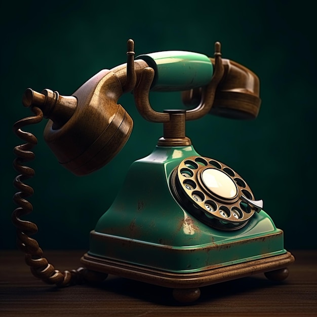 Es gibt ein grünes Telefon auf einem Holztisch mit einem grünen Hintergrund.