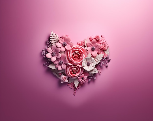 Es gibt ein Herz aus Papierblumen auf einem rosa Hintergrund.