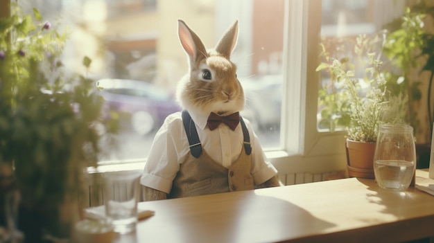 Es gibt ein Kaninchen, das an einem Tisch mit einer generativen Glas-Ki sitzt