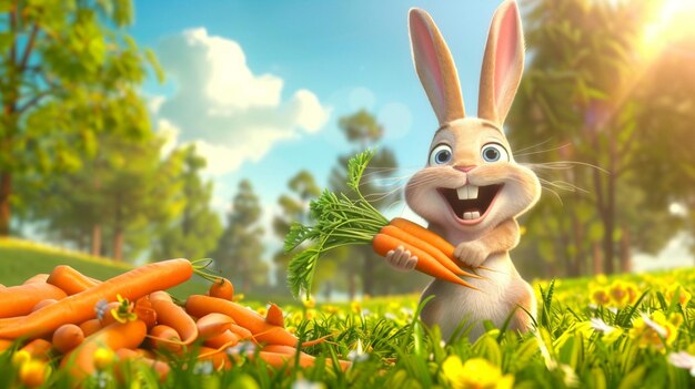 Es gibt ein Kaninchen, das einen Haufen Karotten in der Hand hält.