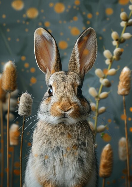 Es gibt ein Kaninchen, das im Gras mit Blumen sitzt.