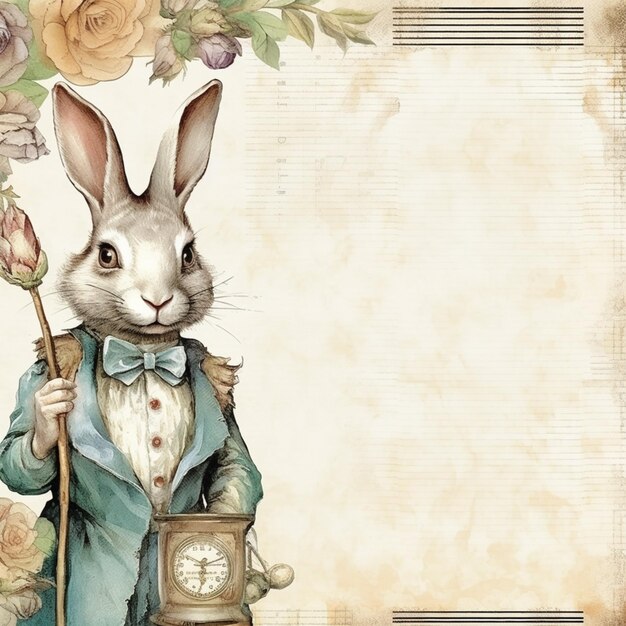 Foto es gibt ein kaninchen, das in einem anzug gekleidet ist und eine uhr in der hand hält.