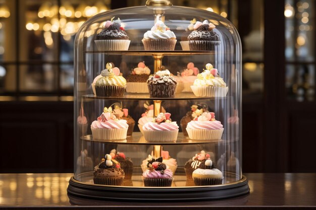 Es gibt ein Kaninchen, das vor einem Tisch mit Cupcakes steht