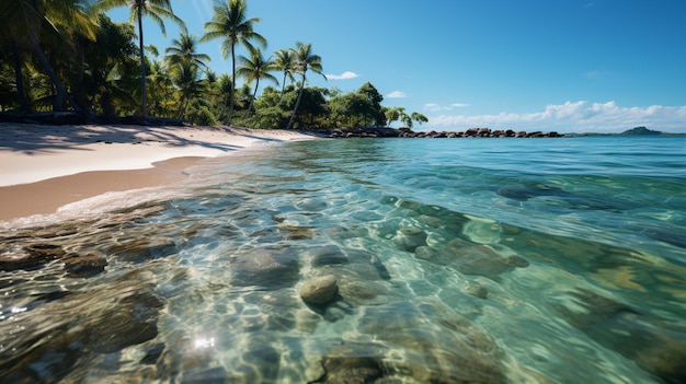 Es gibt ein klares Wasser, das in der Mitte des Strandes generativ ai