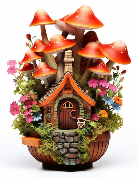 Es gibt ein kleines Haus aus einem Fass mit Pilzen generative ai