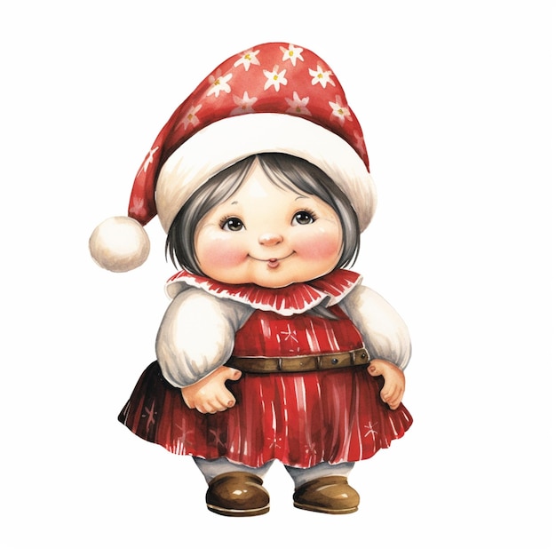 Es gibt ein kleines Mädchen, das einen Weihnachtsmannshut und ein Kleid trägt.