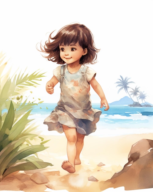 Es gibt ein kleines Mädchen, das mit einem Hut am Strand spazieren geht.