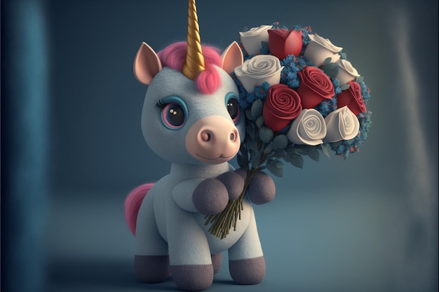 Es gibt ein kleines Spielzeug-Einhorn, das einen Bündel Blumen hält.