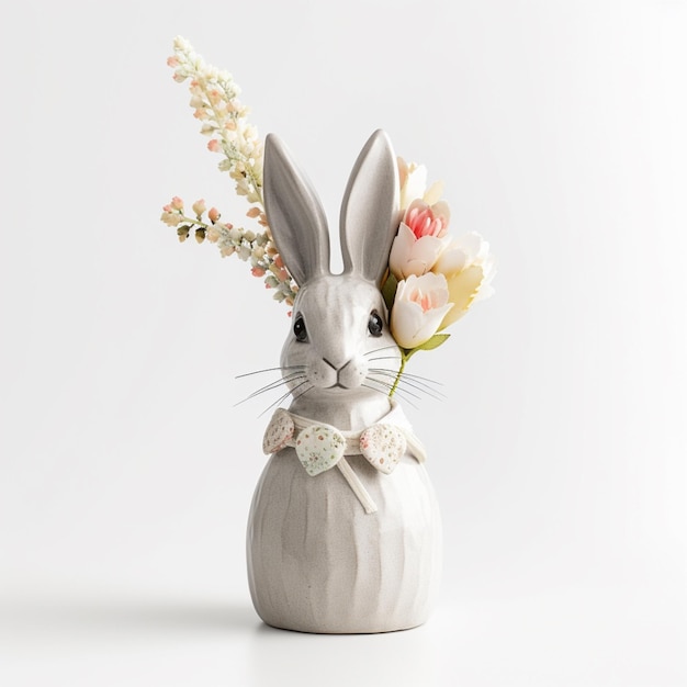 Es gibt ein kleines weißes Kaninchen mit einer Fliege und Blumen in einer Vase.