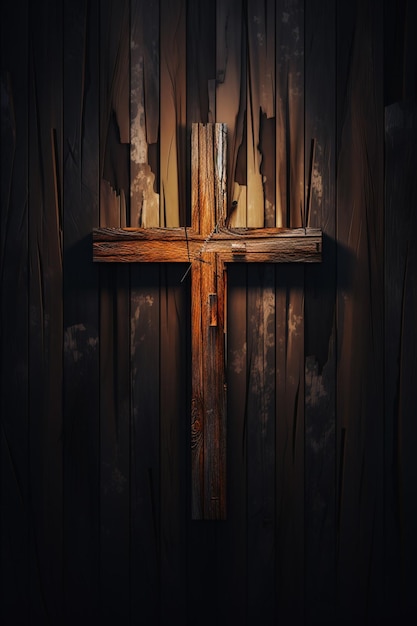 Es gibt ein Kreuz an einer Holzwand mit einem Licht auf generativer Ai