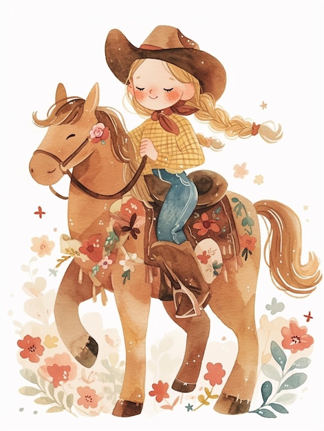 Es gibt ein Mädchen, das auf einem Pferd mit einem Cowboyhut reitet.
