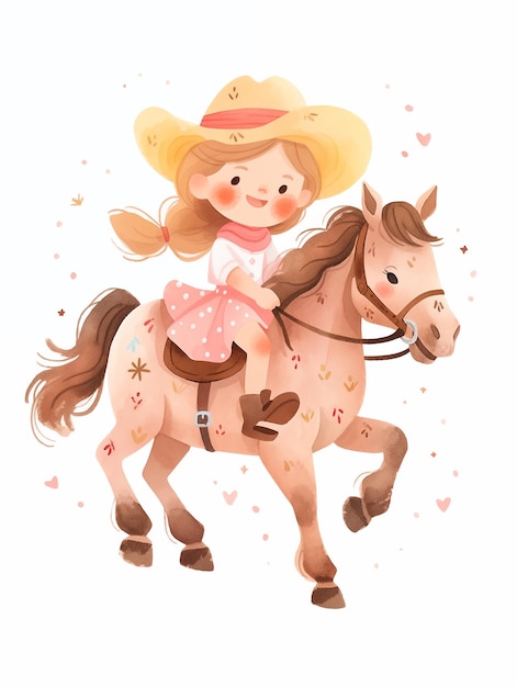Es gibt ein Mädchen, das mit einem Hut auf einem Pferd reitet.