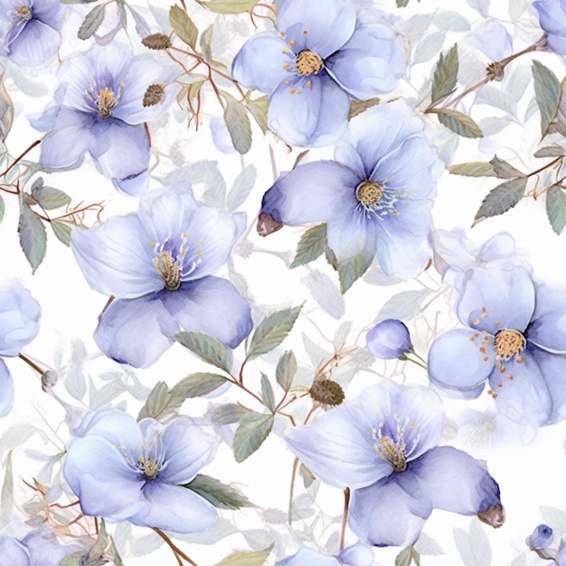 Es gibt ein Muster aus blauen Blumen auf einem weißen Hintergrund. Generative KI