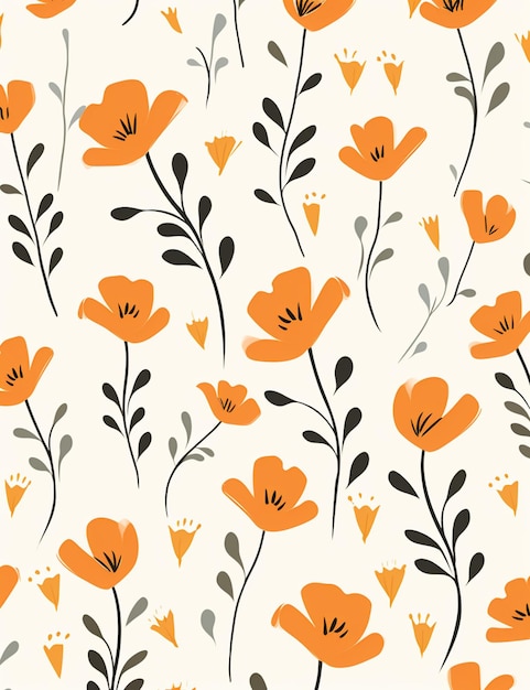 Es gibt ein Muster aus orangefarbenen Blumen auf einem weißen Hintergrund