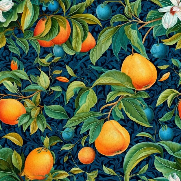 Es gibt ein Muster von Orangen und Blaubeeren auf einem Baum generative ai