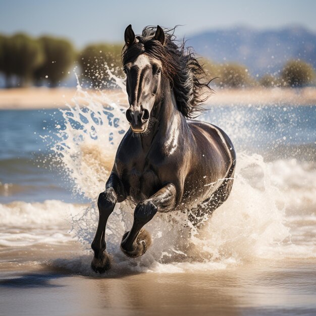 Es gibt ein Pferd, das durch das Wasser am Strand läuft.