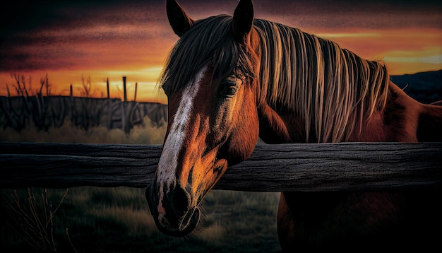 Foto es gibt ein pferd, das hinter einem zaun steht.