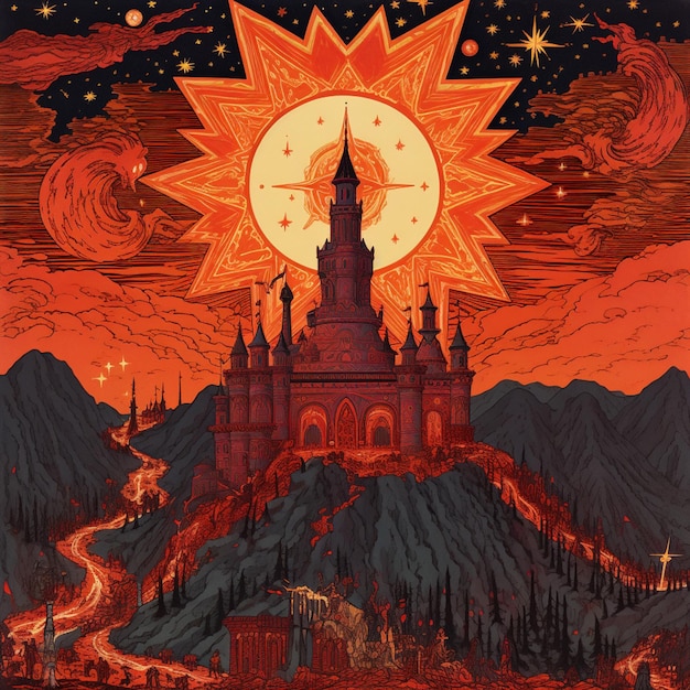 Es gibt ein Poster von einem Schloss mit einer Sonne am Himmel. Generative KI