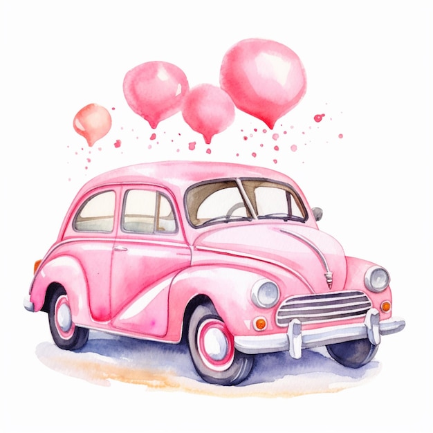 Es gibt ein rosa Auto mit Ballons, das vom Dach schwebt.