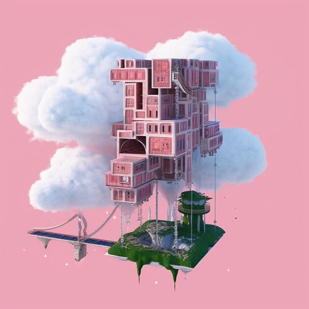 Foto es gibt ein rosa bild eines hauses in den wolken generative ai