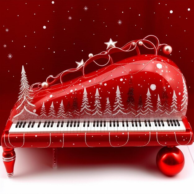 Es gibt ein rotes Klavier mit Weihnachtsdekorationen darauf.