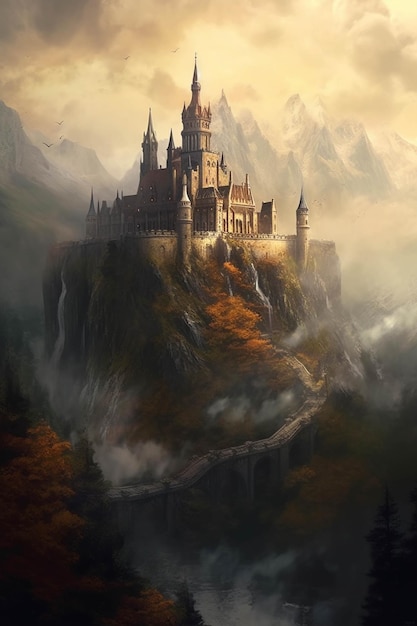 Es gibt ein Schloss auf einem Berg mit einem Fluss, der durch ihn fließt.