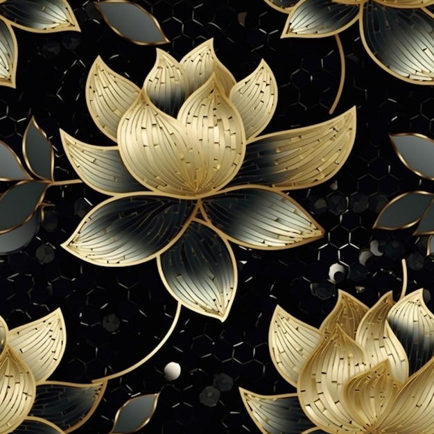 Es gibt ein schwarz-goldenes Blumenmuster mit generativen goldenen Blättern