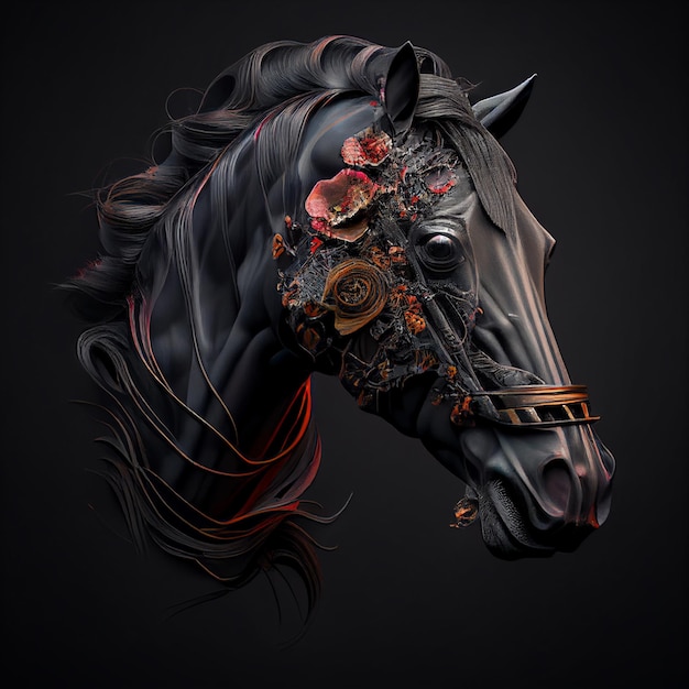 Es gibt ein schwarzes Pferd mit einer roten und orangefarbenen Blume auf dem Kopf. Generative KI
