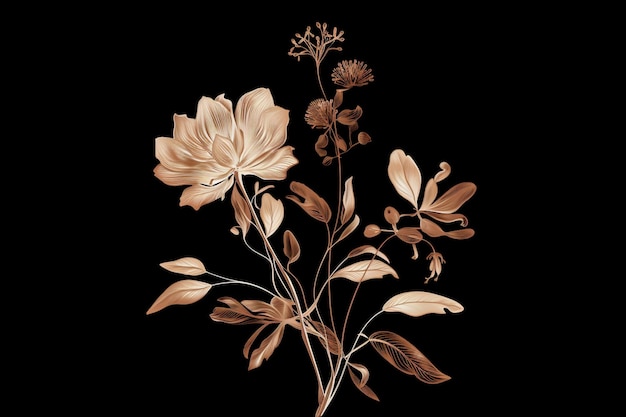 Es gibt ein Schwarzweißfoto einer Blume mit generativen Blättern