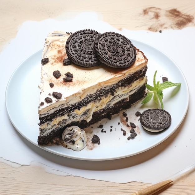 Es gibt ein Stück Kuchen mit Oreo-Kuchen darauf.