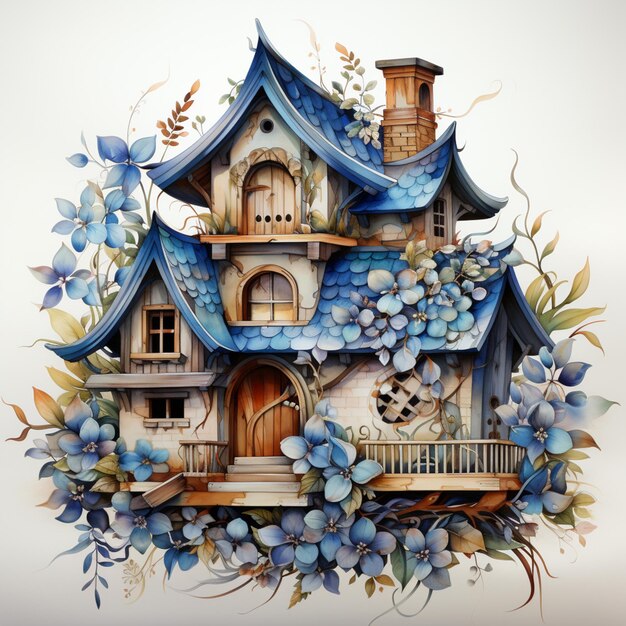 es gibt ein Vogelhaus mit einem blauen Dach und Blumen darauf generative ai