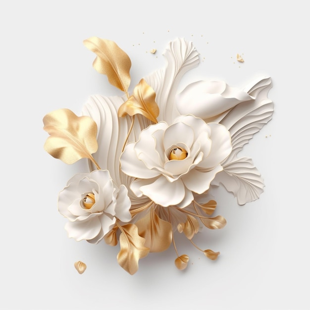 es gibt ein weiß-goldenes blumenarrangement auf einer weißen oberfläche generative ai