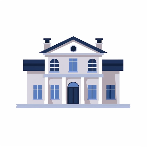 Es gibt ein weißes Haus mit einem blauen Dach und einer schwarzen Tür.