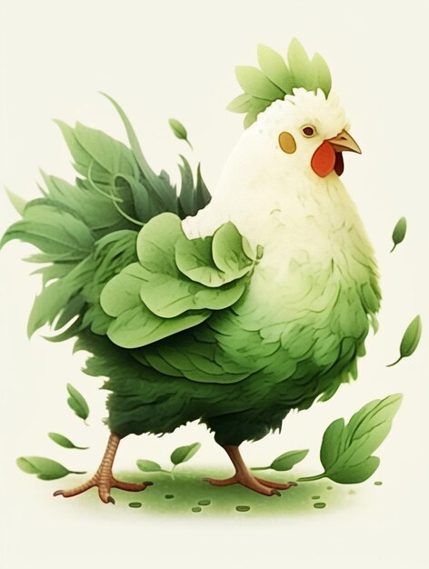 Es gibt ein weißes Huhn mit grünen Blättern auf dem Kopf.