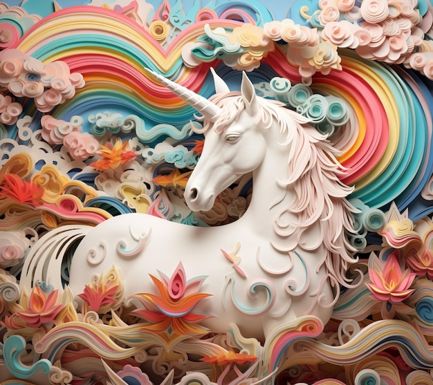 Es gibt ein weißes Pferd mit einer Regenbogenmähne in einer farbenfrohen Wolke generative ai