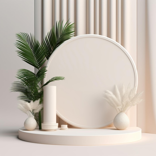 Es gibt ein weißes rundes Objekt mit einer Pflanze und einem generativen Spiegel