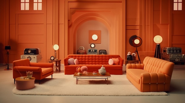 Es gibt ein Wohnzimmer mit orangefarbenen Möbeln und einem weißen Teppich