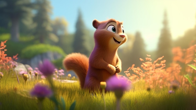 Es gibt ein Zeichentrick- Eichhörnchen, das auf einem Blumenfeld steht.