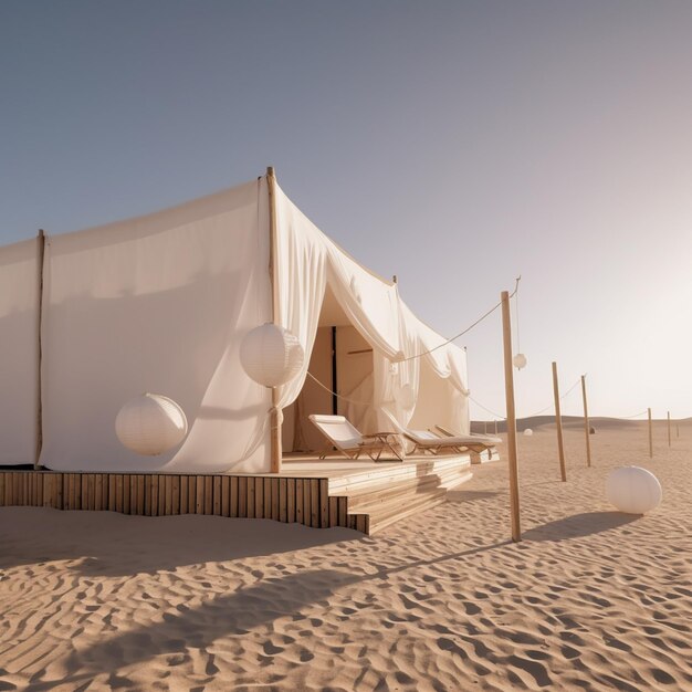 Es gibt ein Zelt am Strand mit einem weißen Laken, das es bedeckt.